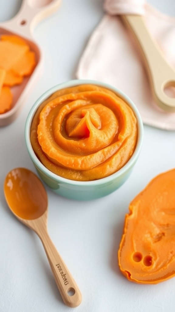 A bowl of smooth orange sweet potato puree with a wooden spoon, ideal for babies.